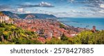 Panoramic summer cityscape of Salerno town. Sunny outdoor scene of Italy, Europe. Wonderful Mediterranean seascape. Traveling concept background.