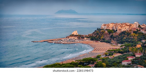 Panoramic summer cityscape of Sperlonga town with Truglia Tower. Astonishing morning seascape of Mediterranean coast of Italy, Europe. Traveling concept background.