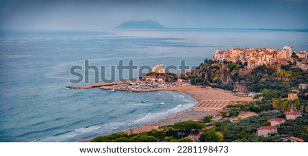 Panoramic summer cityscape of Sperlonga town with Truglia Tower. Astonishing morning seascape of Mediterranean coast of Italy, Europe. Traveling concept background.