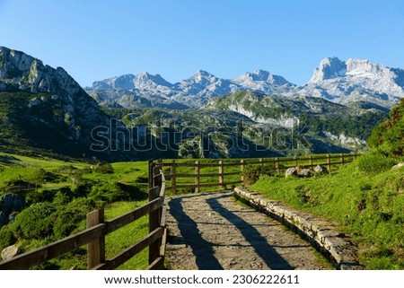 Panoramic summer mountain view of Picos de Europa range, Spain