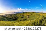 Panoramic and summer view of cabbage field with wind generators and houses at Anbandegi village of Wangsan-myeon near Gangneung-si, South Korea
