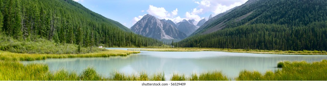 Panoramic Summer View Of Mountains And Lake In Altay, Russia