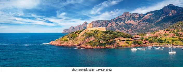 Panoramic Summer View Of Port De Girolata - Place, Where You Can't Get By Car. Amazing Morning Scene Of Corsica Island, France, Europe. Unbelievable Mediterranean Seascape.