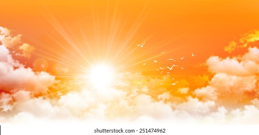 Panoramic sunrise. High resolution orange sky background. Sun and birds breaking through white clouds
