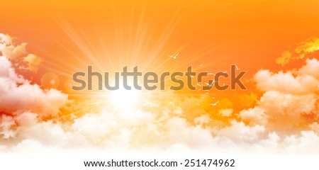 Panoramic sunrise. High resolution orange sky background. Sun and birds breaking through white clouds