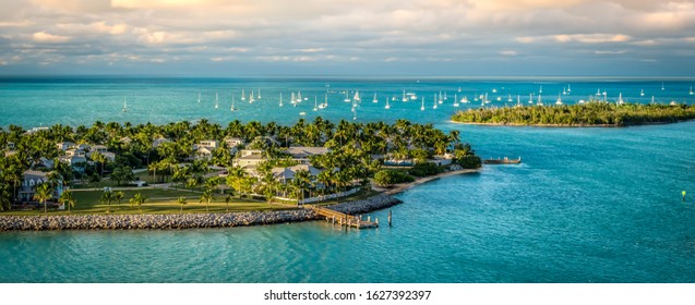 Panoramic sunrise landscape view of the small Islands Sunset Key and Wisteria Island of the Island of Key West, Florida Keys.