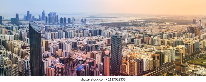 Panoramic Sunset City Skyline. Abu Dhabi Attracts 10 Million People Annually.