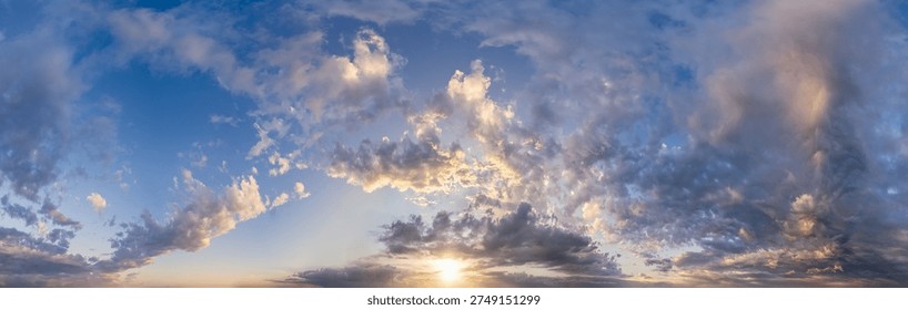 Panoramic sunset cloudscape with dramatic clouds and golden light over a serene, expansive horizon sky.