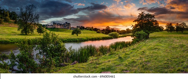 Panoramic Sunset over River Aln / The River Aln runs through Northumberland from Alnham to Alnmouth. Seen here in panorama below Alnwick Town and Castle on the skyline, as the sunsets