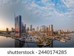 Panoramic sunset view of Elisabeth Quay in Perth from drone viewpoint.