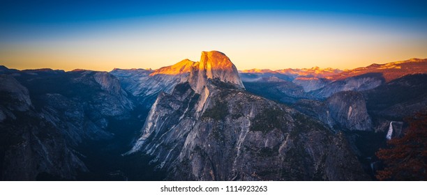 Panoramic Sunset View of Half Dome from  Glacier Point in Yosemite National Park, California, USA