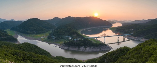 Panoramic and sunset view of Oksun Bridge on Chungjuho Lake seen from Oksunbong Peak near Jecheon-si, South Korea
 - Powered by Shutterstock