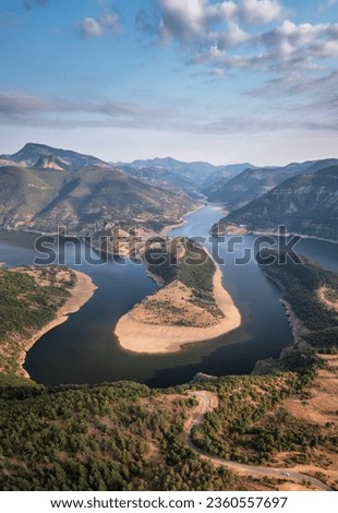 Panoramic sunset view with one of most picturesque meander of Arda river near Kardzhali, Rodopi Mountains in Bulgaria