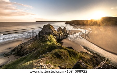 Panoramic of suntset at Three Cliffs in the Gower Peninsula, South Wales, UK. Taken May 2018