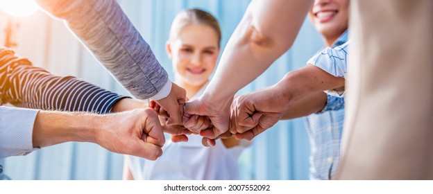 Panoramic Teamwork,empathy,partnership And Social Connection In Business Join Hand Together Concept.Hand Of Diverse People Connecting.Power Of Volunteer Charity Work, Stack Of People Hand.