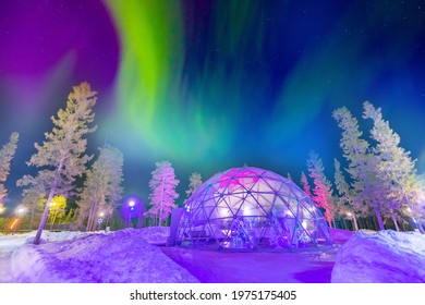 Panoramic tent for viewing northern lights. Travel to arctic to aurora borealis.