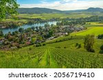 Panoramic terraced vineyards of Stein am Rhein cityscape. Stein am Rhein fortified city in Gothic architecture, by the Bodensee lake on Rhine river. Vineyards of Swiss wine region. Schaffhausen Canton