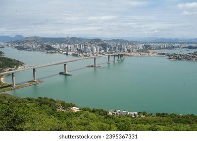 panoramic of the Third Bridge, Terceira ponte, in Vitoria, ES, Brazil. Cityscape as backdrop.