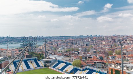 Panoramic Top View With Stadium And Houses Timelapse In Istanbul, Turkey. Ferry Ships Sail Up And Down The Golden Horn.