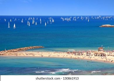 Panoramic top view of Tel-Aviv beach and yachting (Mediterranean sea. Israel)