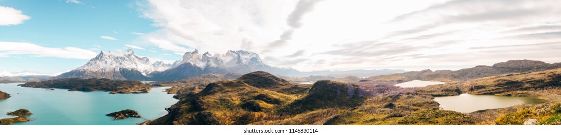 Panoramic of The Torres del Paine National Park Torres del Paine is a national park encompassing mountains, glaciers, lakes, and rivers in southern Patagonia, Chile.