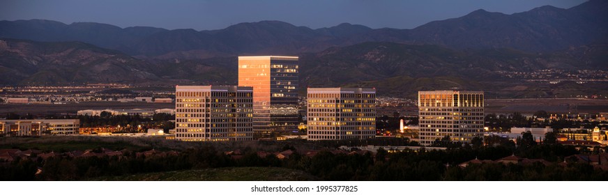 Panoramic Twilight View Of The Skyline Of Downtown Irvine, California, USA.