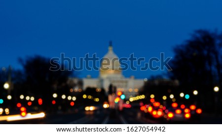 Panoramic of The United States Capitol at Sunset, Blurred Background with street light