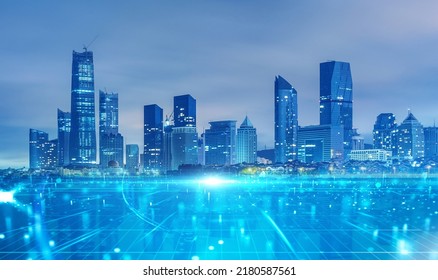 Panoramic urban architecture, cityscape with space and neon light effects. Modern hi-tech, science, futuristic technology concept. Abstract digital high-tech city design for banner background - Shutterstock ID 2180587561