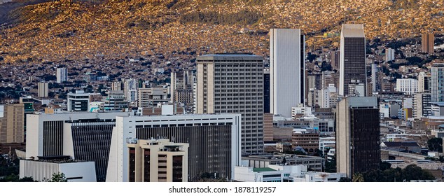 Panoramic Of Aburrá Valley And Medellin City With The Downtown Buildings At The Background