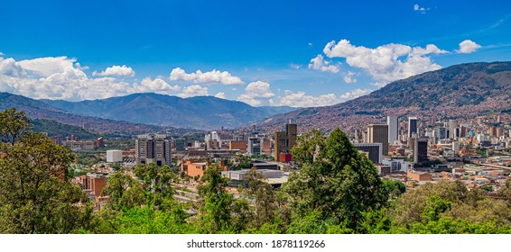 Panoramic Of Aburrá Valley And Medellin City With The Downtown Buildings At The Background