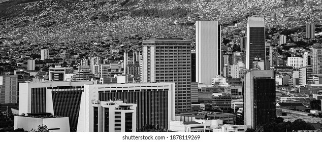 Panoramic Of Aburrá Valley And Medellin City With The Downtown Buildings At The Background