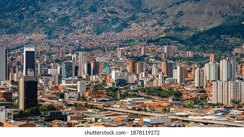 Panoramic Of Aburrá Valley And Medellin City With The Downtown Buildings At The Background