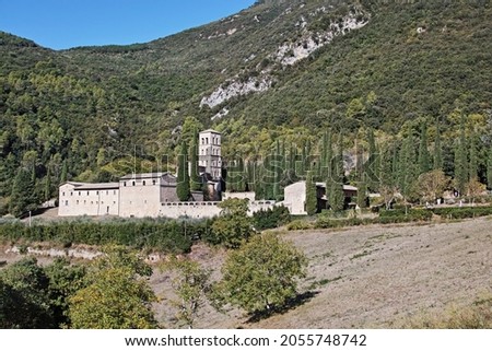panoramic view of the abbey of Saint Peter in valley, XII century,valnerina, umbria, italy
