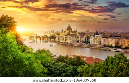 Panoramic view from above on landmarks of Budapest at summer sunset, Hungary