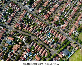 Panoramic View From Above Sydney NSW Australia Suburbia & View’s Of The Urban Housing And City Skyline And Blue Skies