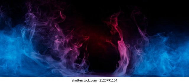 Panoramic view of the abstract fog. Red cloudiness, mist or smog moves on black background. Beautiful swirling blue smoke. Mockup for your logo. Wide angle horizontal wallpaper or web banner. - Shutterstock ID 2123791154