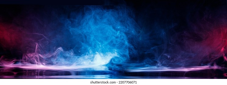 Panoramic view of the abstract fog. Red and blue cloudiness, mist or smog moves on black background. Beautiful swirling blue smoke. Mockup for your logo. Wide angle horizontal wallpaper or web banner.