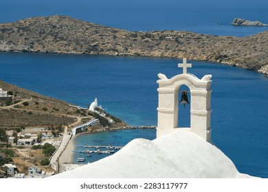 Panoramic view of the aegean sea from the rooftop of a whitewashed orthodox chapel on the island of Ios Greece - Shutterstock ID 2283117977