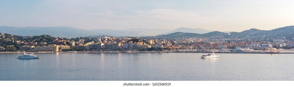 Panoramic View, Aerial Skyline Of City Cannes, Mediterranean Sea With Yachts, Coastline, Port Morning At Dawn In Cannes, Cote D'Azur, France