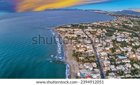 Panoramic view Agia Marina is town on island of Crete in Greece. aerial view from drone. Turquoise water. Nea Kydonia. Platanias Beach on sea Crete. Kolpos Chanion