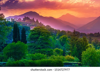 Panoramic view of Alps mountains in Lombardia from the castle walls of Bergamo old town, Italy