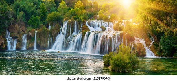 Panoramic view of amazing waterfalls at Krka National Park in Croatia, beautiful landscape, travel attraction, summer touristic concept - Shutterstock ID 2151790709