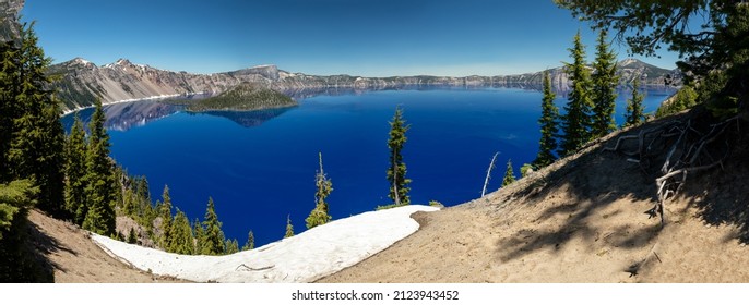 A Panoramic View Of The Amazingly Blue Waters Of The Iconic Crater Lake In Oregons Pacific Northwest