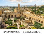 The panoramic view of the ancient citadel "Tower of David" in Jerusalem, Israel. Ancient city walls