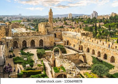 The panoramic view of the ancient citadel "Tower of David" in Jerusalem, Israel. Ancient city walls