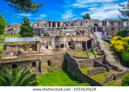 Panoramic view of the ancient city of Pompeii with houses and streets. Pompeii is an ancient Roman city died from the eruption of Mount Vesuvius in the 1st century. Naples, Italy.