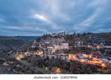 Panoramic View Of An Ancient French Village And Castle On Cliff, Famous Rocamadour At Night In France