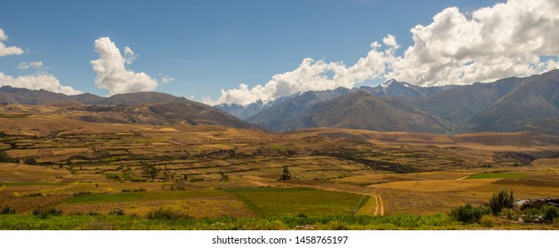 Panoramic view of the Andes mountains near Moray ruins, in the Sacred Valley of the Incas, Peru. Latin America. - Shutterstock ID 1458765197