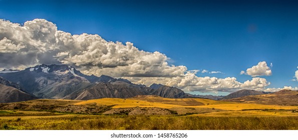 Panoramic view of the Andes mountains near Moray ruins, in the Sacred Valley of the Incas, Peru. Latin America. - Shutterstock ID 1458765206