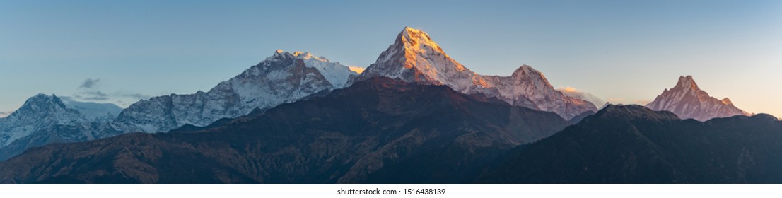 Panoramic view to Annapurna mountain, Viewpoint in the morning on Poon Hill, Nepal landscape,Himalaya Range, Asia. 